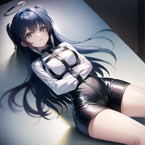 <lora:CostumeStraitjacket_v1:1> (masterpiece), solo,1girl, <lora:StraitJacketV1:1>, standing,blue hair, long hair,glowing eyes, no pupils, angel, angel wings, feathered wings, halo, heart-shaped pupils, standing,surgical mask, bdsm
