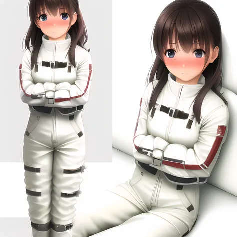 <lora:CostumeStraitjacket_v1:1>,3d, woman, (white canvas straitjacket, jumpsuit), padded room background, sitting on padded bed, crossed legs, wet hair, embarrassed expression, face blush, whole body view, side elevated view, pants, crotch strap