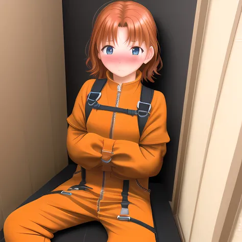 <lora:CostumeStraitjacket_v1:1.2>,3d, woman, (orange canvas straitjacket, jumpsuit), padded room background, sitting on padded bed, wet hair, embarrassed expression, face blush, whole body view, crotch strap, sneakers