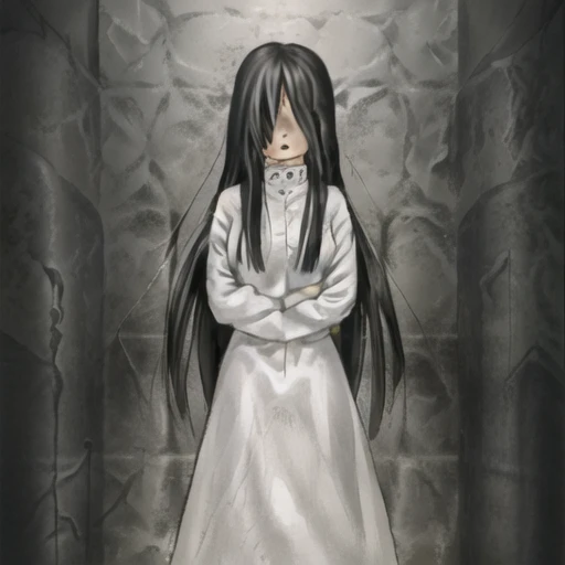 masterpiece, best quality,sadako_yamamura,  <lora:Sadakobest:0.9>, (in insane asylum room) , <lora:CostumeStraitjacket_v1:1>, fullbody-straitjacket, , standing up, cowboy shot, <lora:lainartstyle(lowCFG):1>,