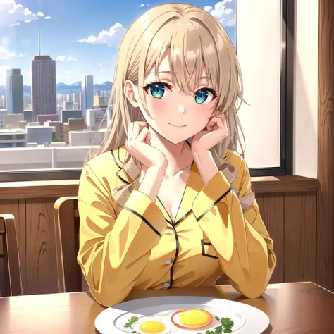 masterpiece, (best qulaity:1.3), 8K, wallpaper, depth of field, beautiful detailed eyes, (1girl, miura yumiko, long hair, (green eyes), blonde hair, straight hair, (yellow_pajamas:1.2), smile, small breasts, collarbone, upper body, sitting, hand on chin, looking at viewer, straight-on, pov, indoors, window, blue sky, cityscape, (kitchen), booth seating, table, (plate, fried_egg)) <lora:Miura-Yumiko-LORA:0.5>