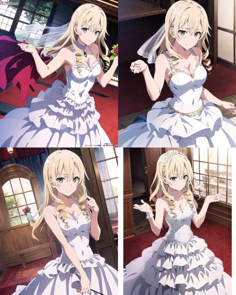 <lora:Miura-Yumiko-LORA-07:0.8>,miura yumiko,1girl,solo,masterpiece,best quality,green eyes,blonde hair,drill hair,yahari ore no seishun lovecome wa machigatteiru.,(official art:1.2),wedding dress
