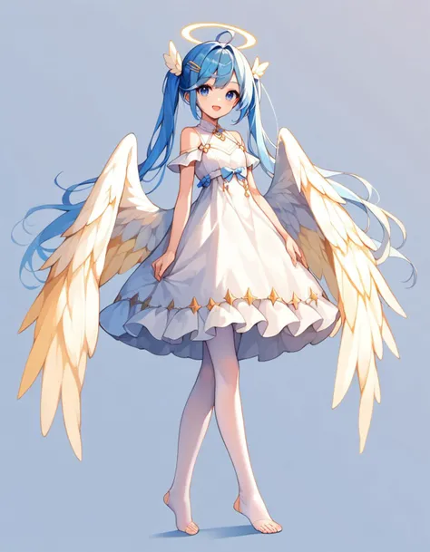 source_anime, ((score_9)),score_8_up,score_7_up,score_6_up,score_5_up,score_4_up,
1girl, solo, long hair, best quality, very aesthetic, absurdres, blue eyes, ahoge, full body, hair ornament, open mouth, wings, toenails, legs, hairclip, blue hair, looking at viewer, twintails, smile, bare shoulders, feet, dress, white dress, white background, white pantyhose ( soft lighting, simple background), angel wings, angel <lora:sd_xl_dpo_lora_v1:1> from side
best quality, masterpiece, absurdres
