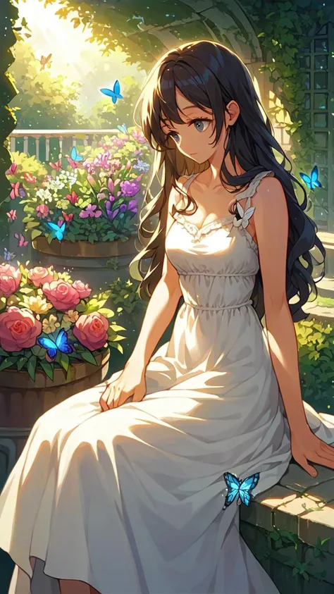 (score_9),score_8_up,masterpiece, (bestquality), highlydetailed, ultra-detailed, elegant, solo, (1girl), (detailedeyes), (longhair), sitting, (garden), (flowers), peaceful, serene, (sundress), (sunlight:1.2), (butterflies:1.5)
,<lora:add-detail-xl:0.6>,