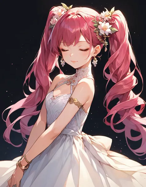 source_anime, score_9,score_8_up,score_7_up,score_6_up,score_5_up,score_4_up,
1girl, solo, magenta hair, hair ornament, long hair, flower, closed eyes, hair flower, jewelry, twintails, dress, earrings, hair ornament, very long hair, bracelet, simple background, black background