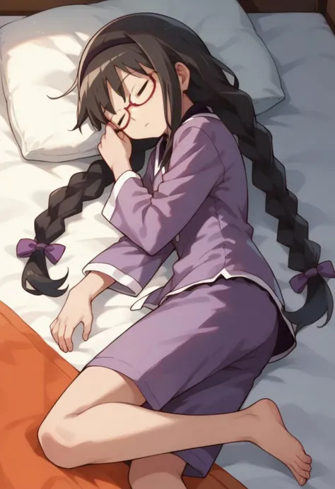 score_9, score_8_up, score_7_up, source_anime, megahomu, glasses, twin braids, long hair, black hair, hairband, purple pajamas, barefoot, sleeping