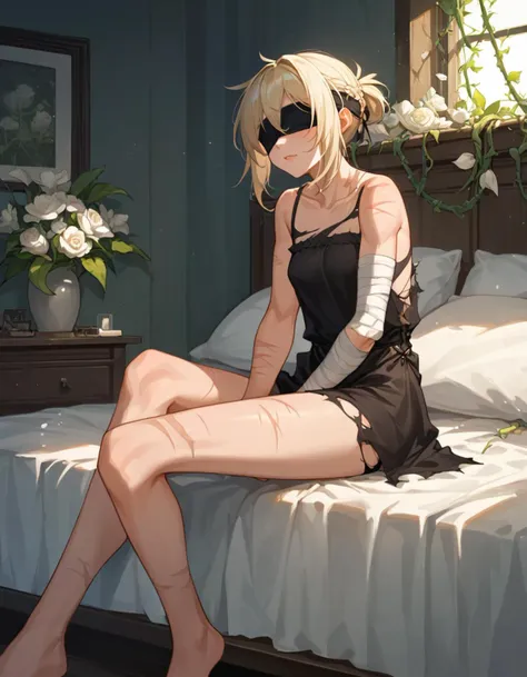 score_9, score_8_up., score_7_up, score_6_up, source_anime, absurdres, 
indoors, overgrowned, bedroom, flowers, white flowers, vines, 1girl, wide shot, blindfold, small breasts, bandage arms, bandage legs, torn dress, sitting on bed, scars on face, scars on legs, volumetric lighting, dark