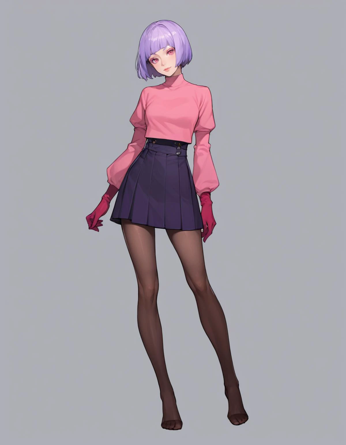 1girl, pale skin, lips, eyelashes, purple hair, short hair, (bob cut), pink eyes, colored eyelashes, standing, light smile, head tilt, score_9, score_8_up., score_7_up, score_6_up, source_anime, anime, 2d, uncensored, absurdres, pantyhose, no shoes, long gloves,, plain background, simple background