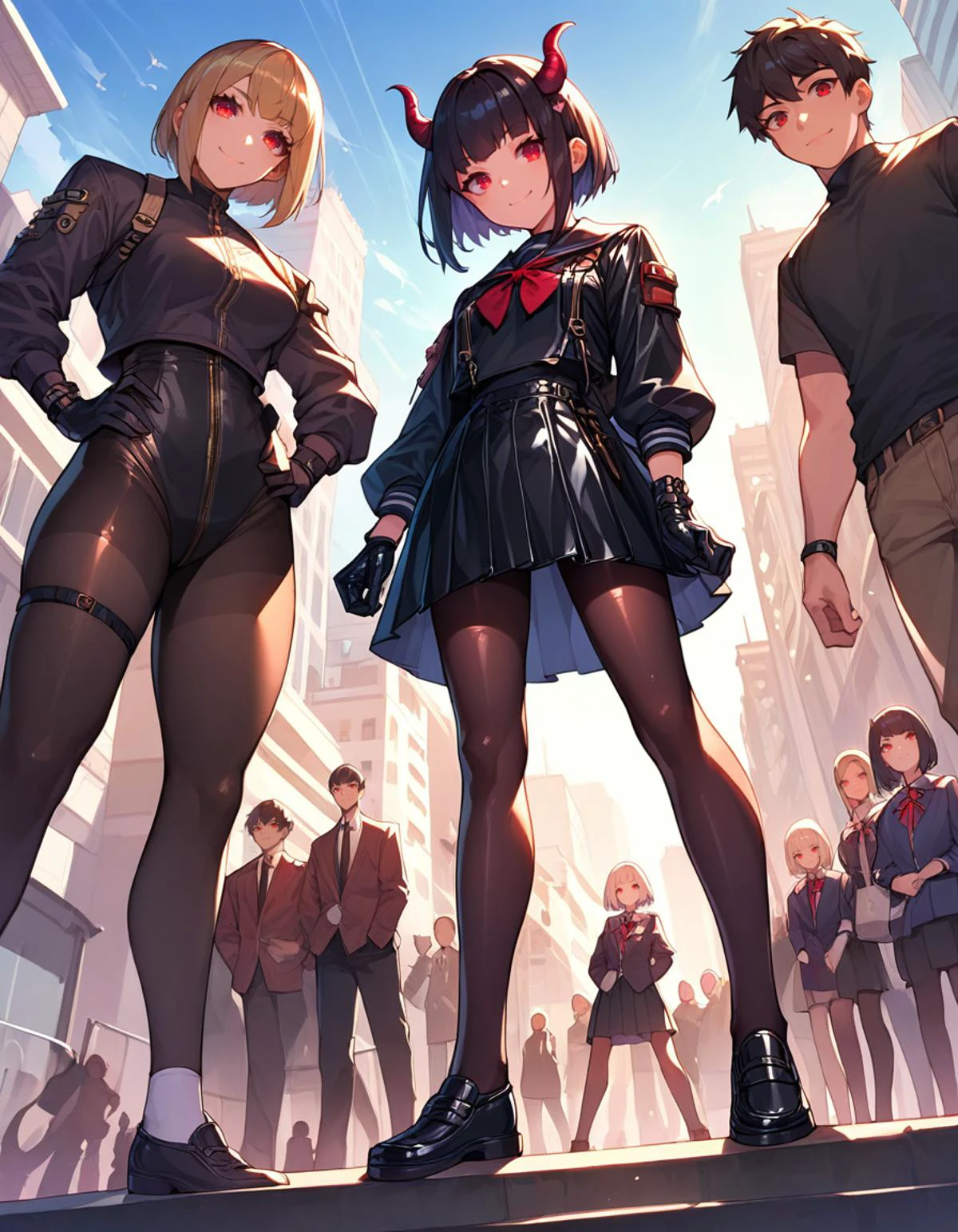 1girl, standing, school uniform, light smile, head tilt, score_9, score_8_up., score_7_up, score_6_up, source_anime, absurdres, pantyhose, no shoes, horns, demon girl, black shirt, black skirt, latex gloves, latex bodysuit, black hair, bob cut, red eyes <lora:fashionXL:1> BREAK, epic clouds, from below, crowd, onlookers, city, skyscrapers,