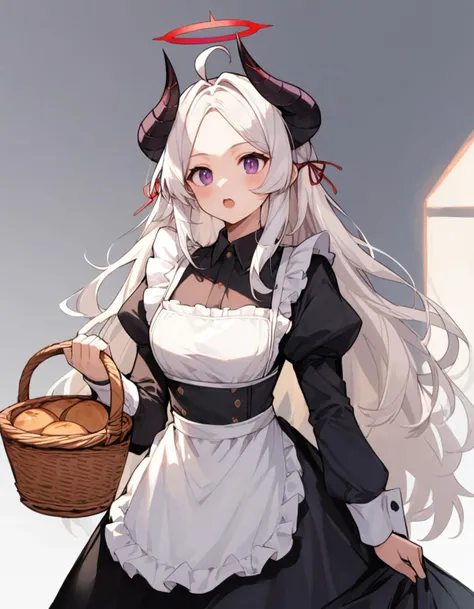 source_anime, ((score_9)),score_8_up,score_7_up,score_6_up,score_5_up,score_4_up,
1girl, solo, long hair, alternate costume, multiple horns, long sleeves, demon horns, thighhighs, cowboy shot, holding basket, horns, apron, basket, black horns, parted bangs, looking to the side, halo, holding, open mouth, purple eyes, enmaided, maid apron, blush, puffy sleeves, white background, sketch, ahoge, juliet sleeves, red halo, white hair, dungeon , maid,
best quality, masterpiece, absurdres