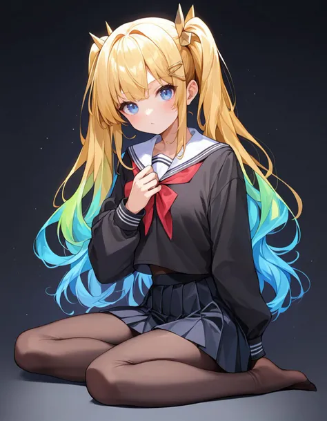 source_anime, ((score_9)),score_8_up,score_7_up,score_6_up,score_5_up,score_4_up,
1girl, solo, long hair, looking at viewer, blush, bangs, black background, hair ornament, blue eyes, 1girl, black background, twintails, blue hair, sitting , full body, gold hair, multicolored hair, gradient hair, pantyhose, no shoes, black skirt, black shirt, black school uniform, multicolored clothes, best quality, amazing quality, very aesthetic, absurdres
best quality, masterpiece, absurdres