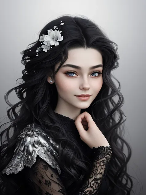 (ethereal fantasy concept art, magnificent, celestial, ethereal, painterly, epic, majestic, magical, fantasy art, cover art, dreamy:1.15), <lora:sd15_KadritskayaBogdasha_v1.0:.9> KadritskayaBogdasha, focus on eyes, close up on face, smiling, hair styled as spiral curls hair, black and white