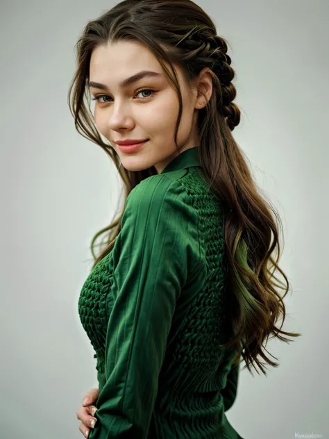 headshot photo of <lora:sd15_KadritskayaBogdasha_v1.0:.9> KadritskayaBogdasha, focus on smiling face, side view wearing a pantsuit , her leaf green color hair is styled as crochet braids,