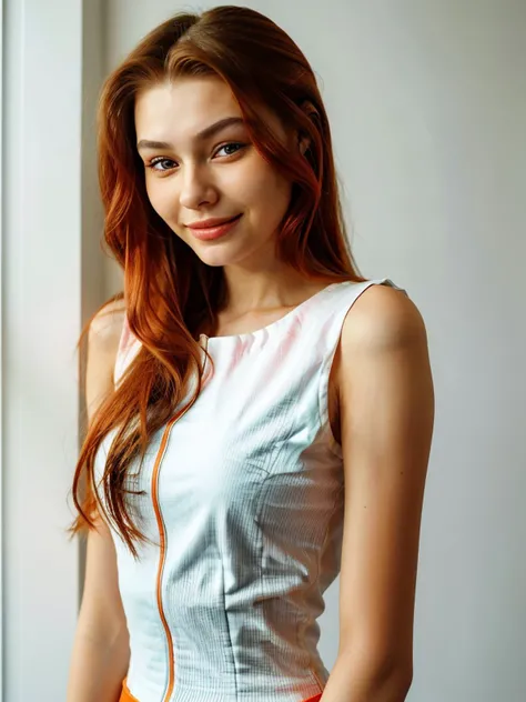 headshot photo of <lora:sd15_KadritskayaBogdasha_v1.0:.9> KadritskayaBogdasha, focus on smiling face, wearing a pantsuit , her Tangerine color hair is styled as shoulder-length hair,