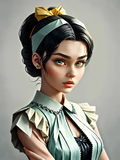 (origami style, paper art, pleated paper, folded, origami art, pleats, cut and fold, centered composition:1.15), <lora:sd15_KadritskayaBogdasha_v1.0:.9> KadritskayaBogdasha, focus on eyes, close up on face, wearing jewelry, color lemon hair styled as Straight Messy Bun with Bangs,