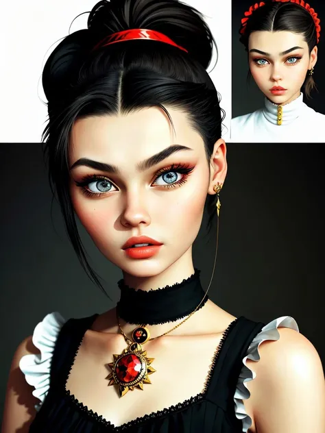 (dada style, nonsensical, collage, absurd, highly detailed:1.15), <lora:sd15_KadritskayaBogdasha_v1.0:.9> KadritskayaBogdasha, focus on eyes, close up on face, wearing jewelry, hair styled as banded ponytail, vignette