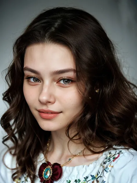 photo of <lora:sd15_KadritskayaBogdasha_v1.0:.9> KadritskayaBogdasha, focus on eyes, close up on face, smile, wearing jewelry, hair styled as voluminous curls, direct flash photography