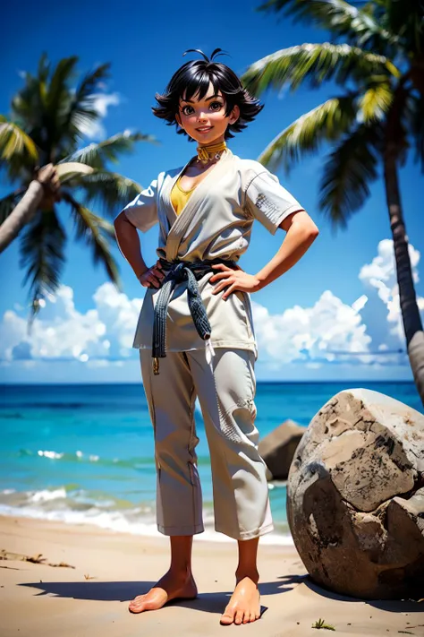 Makoto, short black hair, brown eyes, yellow ribbon choker, black belt, white gi, collarbone, barefoot, looking at viewer, smiling, standing, full body shot, outside, beach, ocean, palm trees, blue sky, high quality, masterpiece, <lora:makoto:.7>