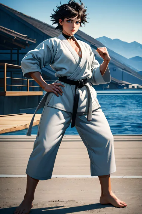 (masterpiece, best quality, ultra detailed, absurdres:1.5), 1girl, (sexy, beautiful woman, perfect face, perfect eyes, perfect female body:1.5), (makoto, short hair, spiked hair, black hair, tanned, yellow ribbon choker, black belt, or martial arts belt, dougi, white dougi, karate gi, white gi, barefoot, <lora:makoto:0.7>), (full body, fighting stance, outdoors, dojo in background), perfect lighting, smooth, hdr