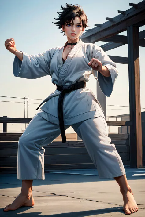(masterpiece, best quality, ultra detailed, absurdres:1.5), 1girl, (sexy, beautiful woman, perfect face, perfect eyes, perfect female body:1.5), (makoto, short hair, spiked hair, black hair, tanned, yellow ribbon choker, black belt, or martial arts belt, dougi, white dougi, karate gi, white gi, barefoot, <lora:makoto:0.7>), (full body, fighting stance, outdoors, dojo in background), perfect lighting, smooth, hdr