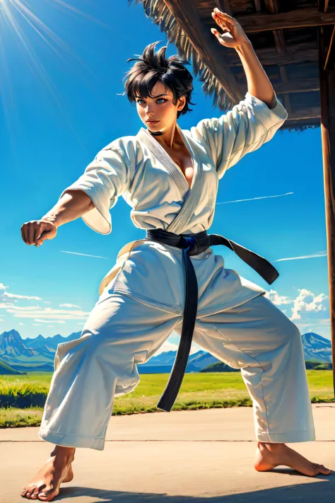 (masterpiece, best quality, ultra detailed, absurdres:1.5), 1girl, (sexy, beautiful woman, perfect face, perfect eyes, perfect female body:1.5), (makoto, short hair, spiked hair, black hair, tanned, yellow ribbon choker, black belt, or martial arts belt, dougi, white dougi, karate gi, white gi, barefoot, <lora:makoto:0.7>), (full body, fighting stance, outdoors, dojo in background), perfect lighting, smooth, hdr