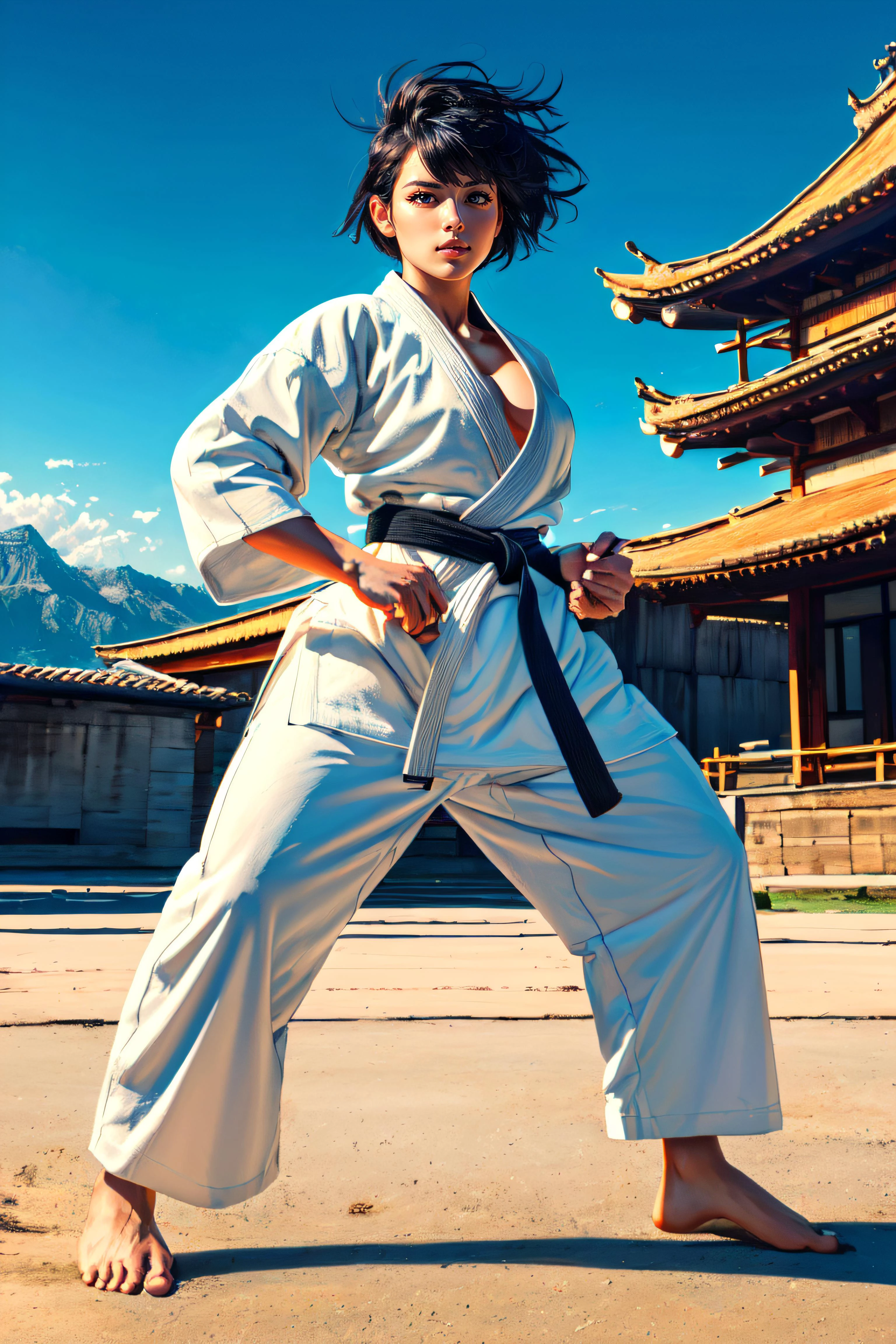 (masterpiece, best quality, ultra detailed, absurdres:1.5), 1girl, (sexy, beautiful woman, perfect face, perfect eyes, perfect female body:1.5), (makoto, short hair, spiked hair, black hair, tanned, yellow ribbon choker, black belt, or martial arts belt, dougi, white dougi, karate gi, white gi, barefoot, <lora:makoto:0.7>), (full body, fighting stance, outdoors, dojo in background), perfect lighting, smooth, hdr