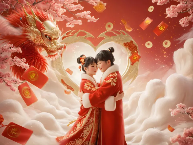 Dreamscape two sweethearts in a fur-trimmed jacket,facing viewer,hugging own hands,happy new year,<lora:çæ¢¦å·¥ä¸ _ æ°æ´¾å½ç»æ°´å¢¨XL_v1.0:1>,New Chinese Art Style,<lora:æ°æ¥å½é£XL模å_1:1>,chinese new year, . Surreal, ethereal, dreamy, mysterious, fantasy, highly detailed