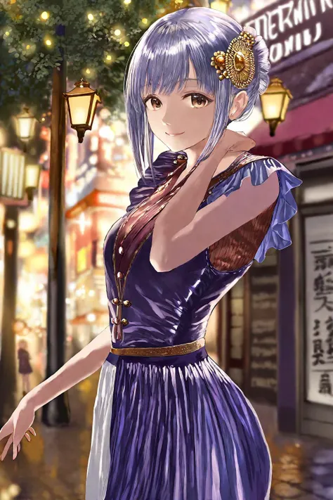 (1girl:1.2),(solo:1.2),by sakimori,masterpiece,best quality,aesthetic,beautiful,beautiful color,amazing quality,detailed clothes,hair ornaments,pose,street background,smile,cowboy shot,nice hands,perfect hands,