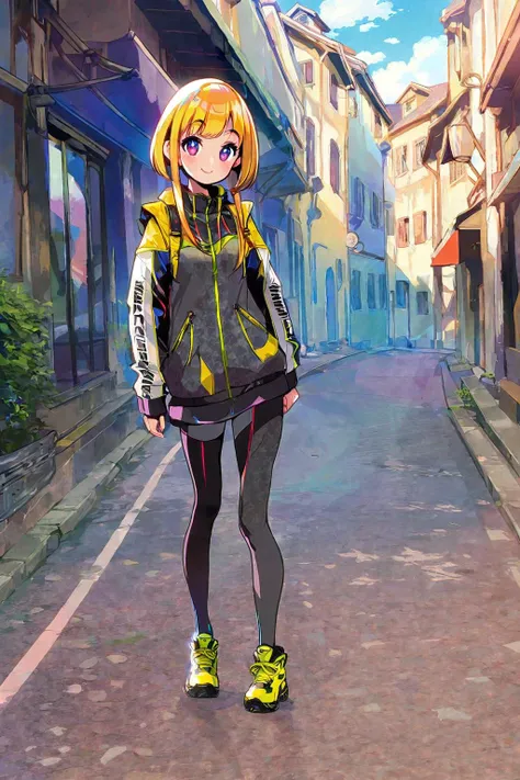masterpiece,best quality,ultra detailed,by himehajime,(1girl:1.2),girl walking on street,facing viewer,female focus,slight smile,