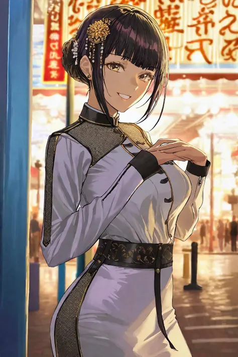 (1girl:1.2),(solo:1.2),by aoin,masterpiece,best quality,aesthetic,beautiful,beautiful color,amazing quality,detailed clothes,hair ornaments,pose,street background,smile,cowboy shot,nice hands,perfect hands,