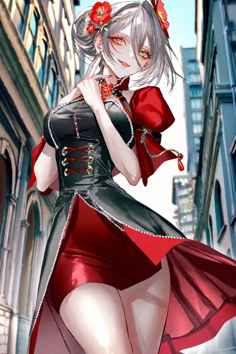 Anime girl in a red dress and black top walking down a street - SeaArt AI