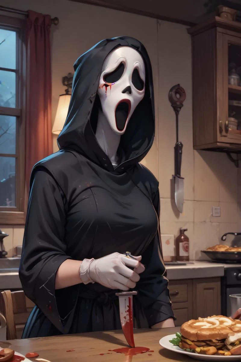 score_9, score_8_up, score_7_up, score_6_up,
ghostfacev2SDXL, solo, gloves, 1girl-dwarf, hood, blood, mask, knife, robe, holding knife, blood on knife, black robe, hooded robe, cowboy shot,, dark, night,curvy,
cowboy shot,power lines, Sitting in a family dining room with food on the table,
d4rkv1b3,disney pixar style,
<lora:sdxl_lightning_8step_lora:1>,
<lora:d4rkv1b3XLP:0.9><lora:ghostfacePDXL:1>