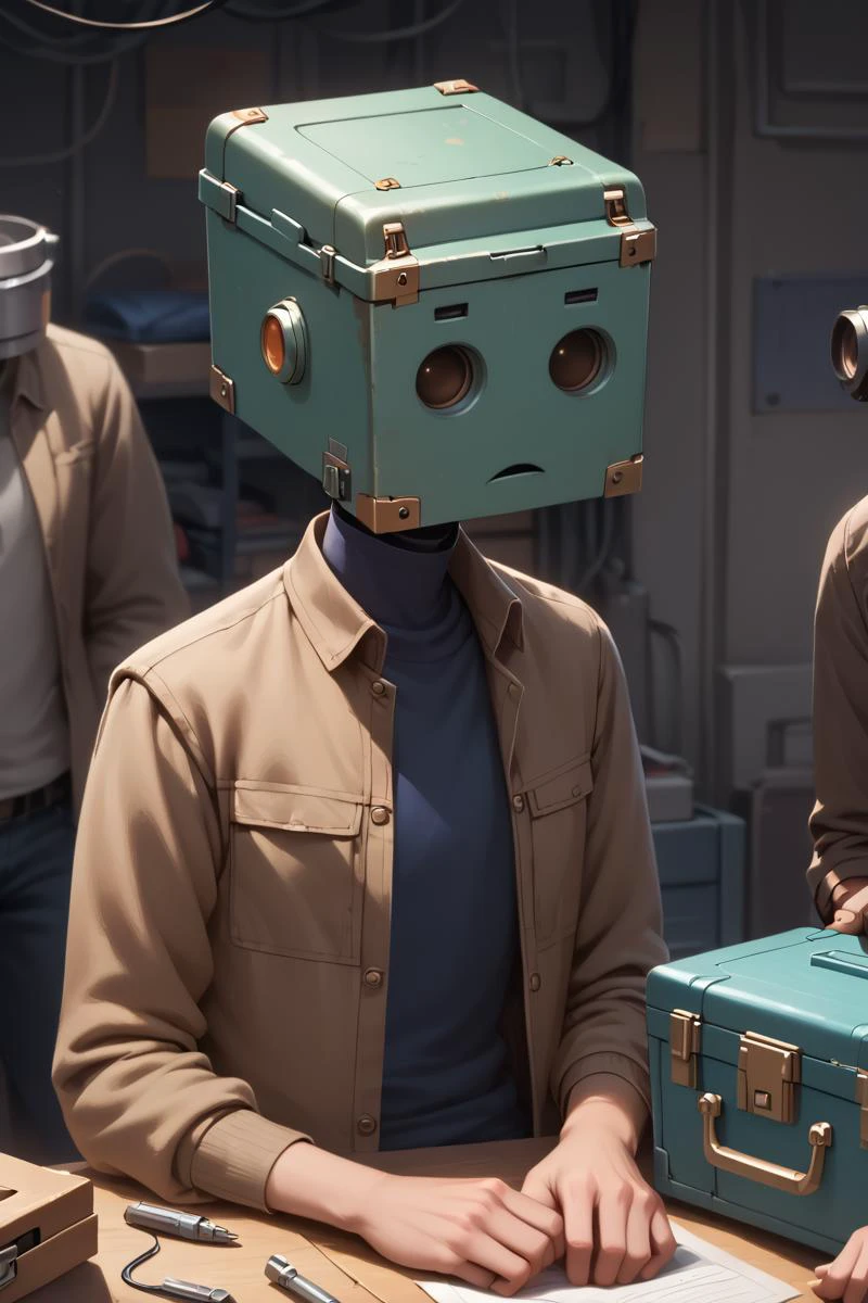 score_9, score_8_up, score_7_up, masterpiece, best quality, man_focus, <lora:Insert_Head_Here:1> object_head, h3ad,toolbox,no head,faceless,1man,