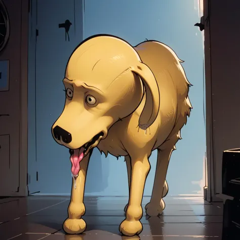 <lora:Stogie_Mission_Hilll:2.0> mh_stogie, yellow_dog, solo, unibrow, bags_under_eyes, tail, tongue, looking at viewer, standing, portrait, side view, profile view,, source_cartoon, score_9, score_8_up, score_7_up,