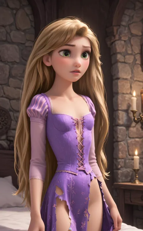 score_9, score_8_up, score_7_up, (best quality, masterpiece:1.2), UHD, 32k, octane render, side view, Rapunzel, (perfect anatomy:1.5), skinny body, skinny waist, small breasts, perfect cleavage, thigh gap, long messy blonde hair, down hair, perfect eyes, green eyes, makeup, expressiveh, looking at viewer, nervous expression, skimpy purple dress, torn dress, perfect cleavage, hanging tits, in the royal bedroom, large bed, large windows, lots of light, candles, <lora:Rapunzel_from_Tangled_Pony_XL:1>