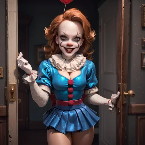 score_9, score_8_up, score_7_up, Masterpiece, Best quality, monster pennywise 1girl, Sexy, Clown Make up, (Uniform,Mini Skirt:1.5), Large Cleavage, Large Perfect Cleavage Details, Looking at viewer, Scary [wide smile], Closed mouth,in Side, <lora:pennywise_v0.6-pony:1.2>,Blocking Door way