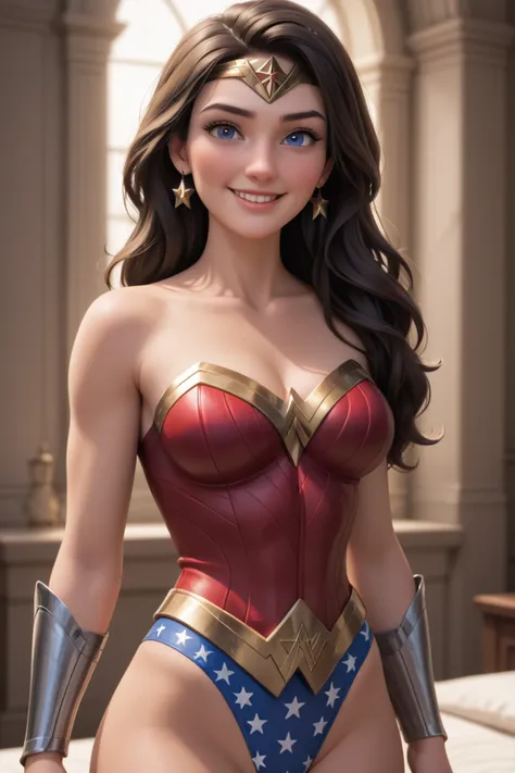 score_9, score_8_up, score_7_up,high quality, (masterpiece, best quality, ultra-detailed,2k ,disney pixar style,Diana wonder woman, beautiful face and eyes,looking at viewer, blushing(squinting eyes),smile,seducing viewer, sensual pose, clavage,thong,camel_toe,wonderwoman,