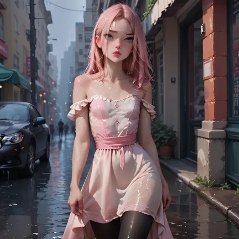 PonyScores6, ffacedetailxl, detailxl, hairdetailpxl, off shoulder dress, hip-length dress, loose dress, wet dress, wet hair, knee boots, black pantyhose, walking under rain, street background, wet, sweat,  flushed cheeks, shy expression,
 <lora:Keith_by_IkariRH:1> Keith, KeithRH, nordic girl, very pale skin, long blonde hair, gradient pink hair, parted bangs, blue eyes, slim, small breasts, almost flat chest, perfect ass