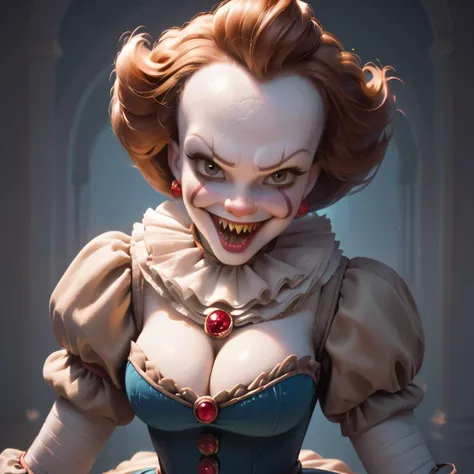 score_9, score_8_up, score_7_up, Masterpiece, Best quality, monster pennywise 1girl, Blush, Dress, Large Cleavage, Large Perfect Cleavage Details, Looking at viewer, Solo, [wide smile], open mouth, Sharp teeth,Balanced Photo,Balanced Exposure,in Side, <lora:pennywise_v0.6-pony:1>