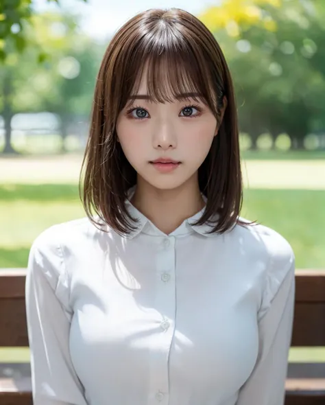 pureerosface_v1, best quality, photorealistic, 8k, high res, full color, 1girl, woman, 20 years old woman, (closed mouth:1.73), (skindentation), (portrait:0.6), trees, park bench, daylight, ((park background:1.52)), full color, ((whitebuttonedshirt:1.58)), looking at viewer:1.8, (1girl eyes looking at viewer:1.55), (medium hair, brownhair, partedbangs:1.45), (bokeh), <lora:AAV-hongo:0.69>
