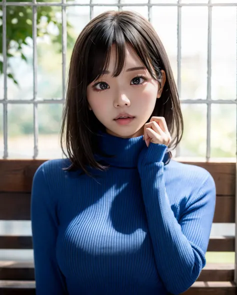 pureerosface_v1:0.3, best quality, photorealistic, 8k, high res, full color, 1girl, woman, 20 years old woman, (skindentation), (portrait:0.6), trees, park bench, daylight, ((park background:1.52)), full color, ((necksweater:1.68)), looking at viewer:1.8, (1girl eyes looking at viewer:1.55), (short-length hair, blackhair, partedbangs:1.45), (bokeh), <lora:AAV-hongo:0.7>