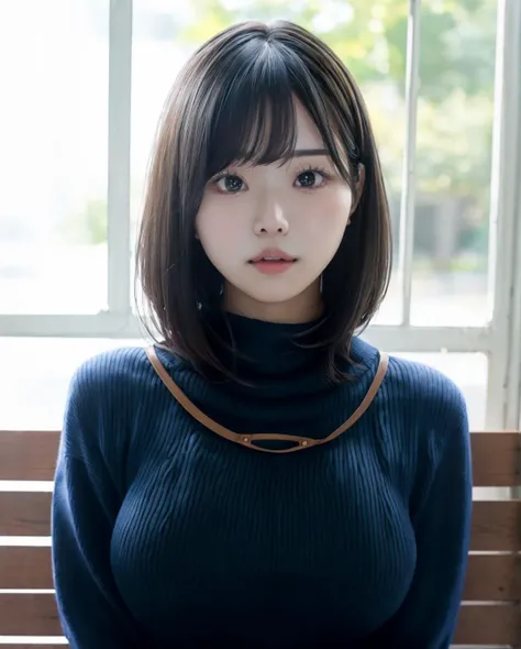 pureerosface_v1:0.3, best quality, photorealistic, 8k, high res, full color, 1girl, woman, 20 years old woman, closed mouth, (skindentation), (portrait:0.6), trees, park bench, daylight, ((park background:1.52)), full color, ((necksweater:1.68)), looking at viewer:1.8, (1girl eyes looking at viewer:1.55), (short-length hair, blackhair, partedhair:1.45), (bokeh), <lora:AAV-hongo:0.7>