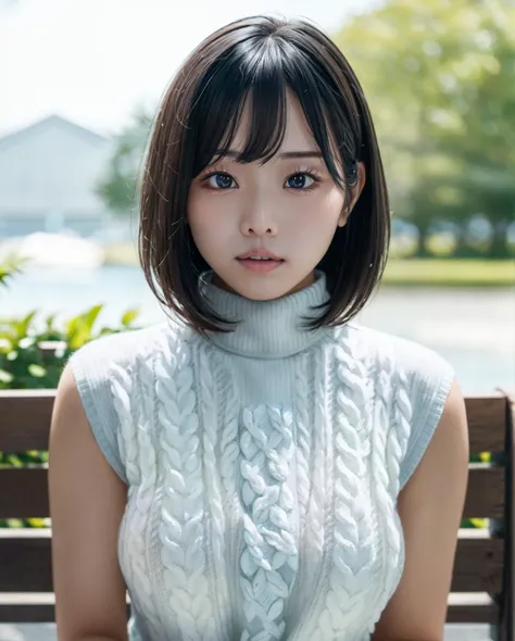 pureerosface_v1:0.3, best quality, photorealistic, 8k, high res, full color, 1girl, woman, 20 years old woman, closed mouth, (skindentation), (portrait:0.6), trees, park bench, daylight, ((park background:1.52)), full color, ((necksweater:1.68)), looking at viewer:1.8, (1girl eyes looking at viewer:1.55), (short-length hair, blackhair, partedbangs:1.45), (bokeh), <lora:AAV-hongo:0.65>