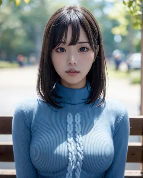 pureerosface_v1:0.3, best quality, photorealistic, 8k, high res, full color, 1girl, woman, 20 years old woman, closed mouth, (skindentation), (portrait:0.6), trees, park bench, daylight, ((park background:1.52)), full color, ((necksweater:1.68)), looking at viewer:1.8, (1girl eyes looking at viewer:1.55), (medium-length hair, blackhair, partedbangs:1.45), (bokeh), <lora:AAV-hongo:0.65>