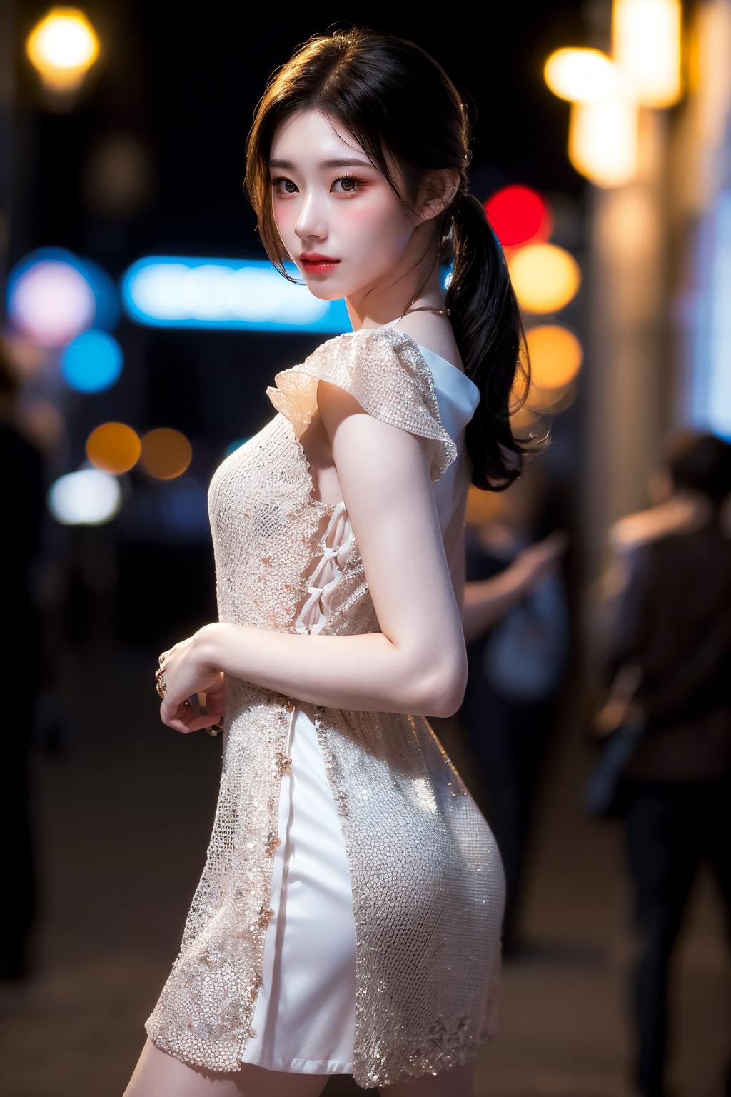 A woman in a white dress standing on a street at night - SeaArt AI