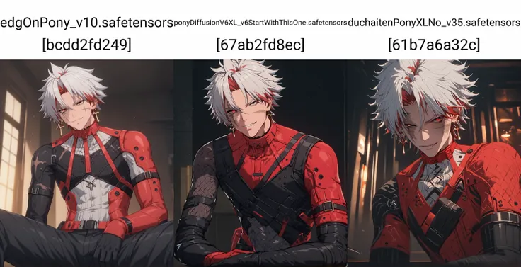 score_9, score_8_up, score_7_up, source_anime, looking at viewer, intricate details, 1boy, young, scar_wuwa, solo, male focus, multicolored hair, white hair, red hair, heterochromia, red eyes, black eyes, tsurime, scar, seductive smile, toned male, <lora:ScarWuthering_Waves_Pony_XL:0.62>, sitting in the dark, dark room, indoors, <lora:Sinozick_Style_XL_Pony:0.95>, sinozick style, from below