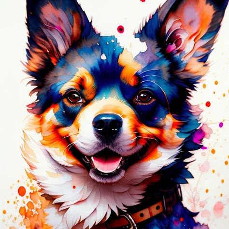 wtrcolor style, Digital art of (dog character), official art, frontal, smiling, masterpiece, Beautiful, ((watercolor)), face paint, paint splatter, intricate details. Highly detailed, detailed eyes, [dripping:0.5], Trending on artstation, by Rachel Walker