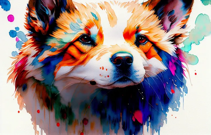 wtrcolor style, Digital art of (dog character), official art, frontal, smiling, masterpiece, Beautiful, ((watercolor)), face paint, paint splatter, intricate details. Highly detailed, detailed eyes, [dripping:0.5], Trending on artstation, by Rachel Walker