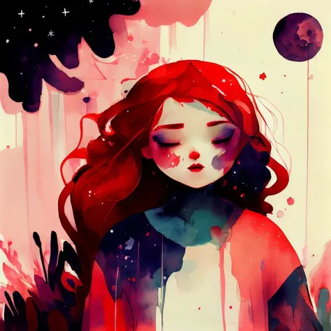a beautiful girl staning in a forrest, red hair, night, stars, moon, (paint splatter:0.7), watercolor, wtrcolor style