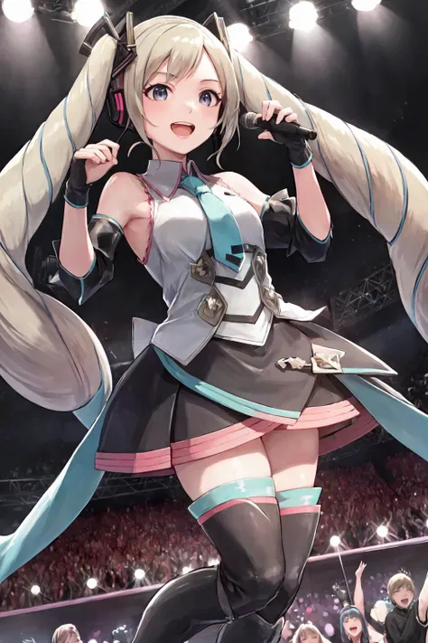 masterpiece, best quality, highres, ultra-detailed, (singing, crowd, concert, idol:1.4), smile, happy, <lora:Elise_fe_v1:0.8> elise_fe, <lora:mikuhatsunetest:0.5> miku hatsune, hair ornament, headphones, long hair, aqua necktie, black footwear, black skirt, black sleeves, boots, collared shirt, detached sleeves, grey shirt, pleated skirt, shirt, skirt, sleeveless, sleeveless shirt, thigh boots, tie clip